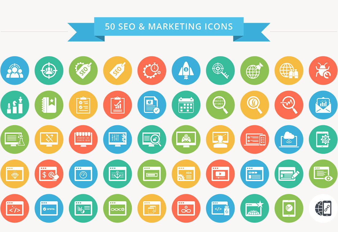 50 SEO Marketing Flat Color Icon Set